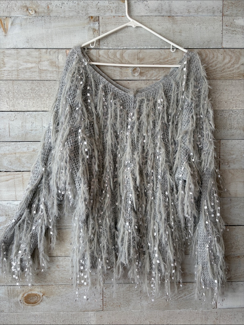 Funky Oversized Shaggy Fringe Sequin Sweater Boho Festival Statement Knit - Picture 3 of 7